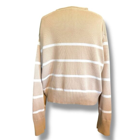BRIT.NY Womens Sweater Sz Medium Large Tan White Stripe Cotton Roll Neck Preppy - Picture 6 of 7